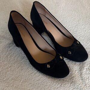 Kate Spade Black Suede Heels with Gold Bow Accents. Size 8.5